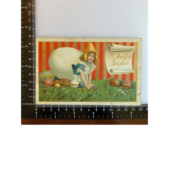 Antique 1911 Easter Greetings Postcard Little Girl Oversized Eggshell Colorful - Picture 3 of 7